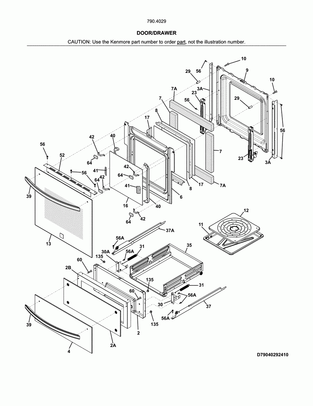 Door/drawer Diagram and Parts List for 79040292412  Kenmore Wall Oven