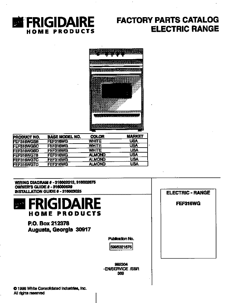 COVER Diagram and Parts List for FEF316WGTC  Frigidaire Range