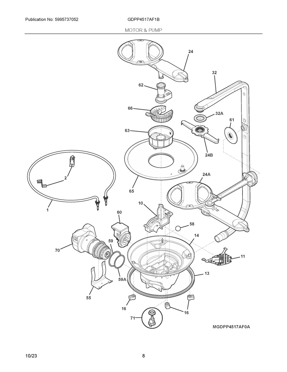 Motor And Pump Diagram and Parts List for GDPP4517AF1B  Frigidaire Dishwasher