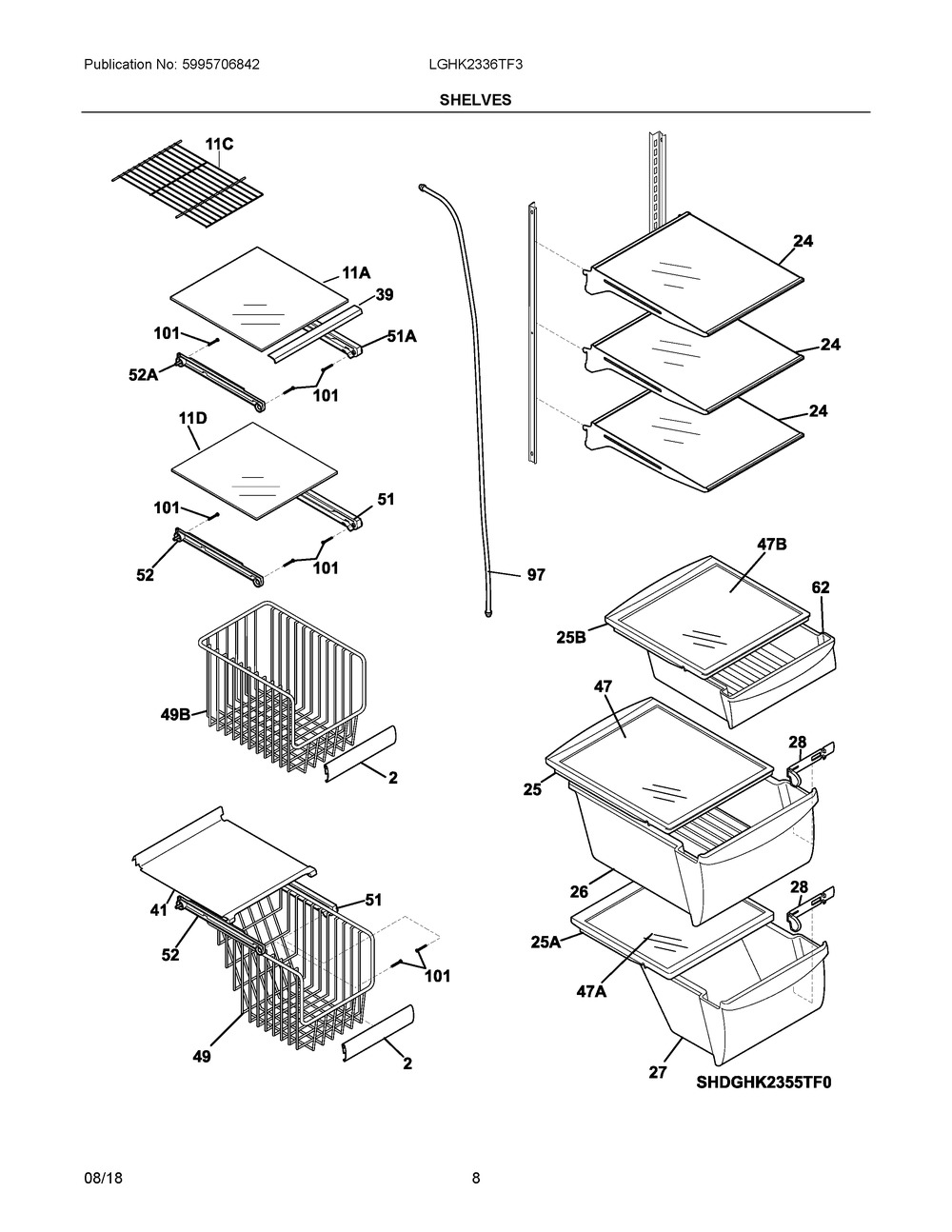 Shelves Diagram and Parts List for LGHK2336TF3  Frigidaire Refrigerator
