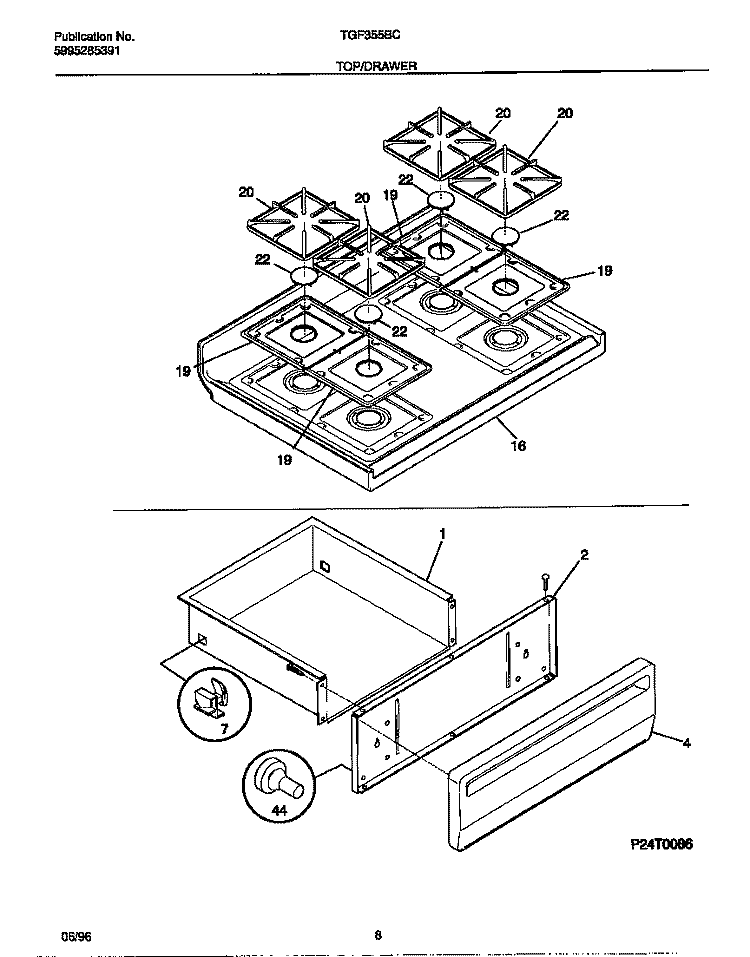 TOP / DRAWER Diagram and Parts List for TGF355BCWC  Tappan Range