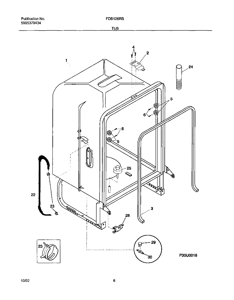 TUB Diagram and Parts List for FDB126RBS1  Frigidaire Dishwasher