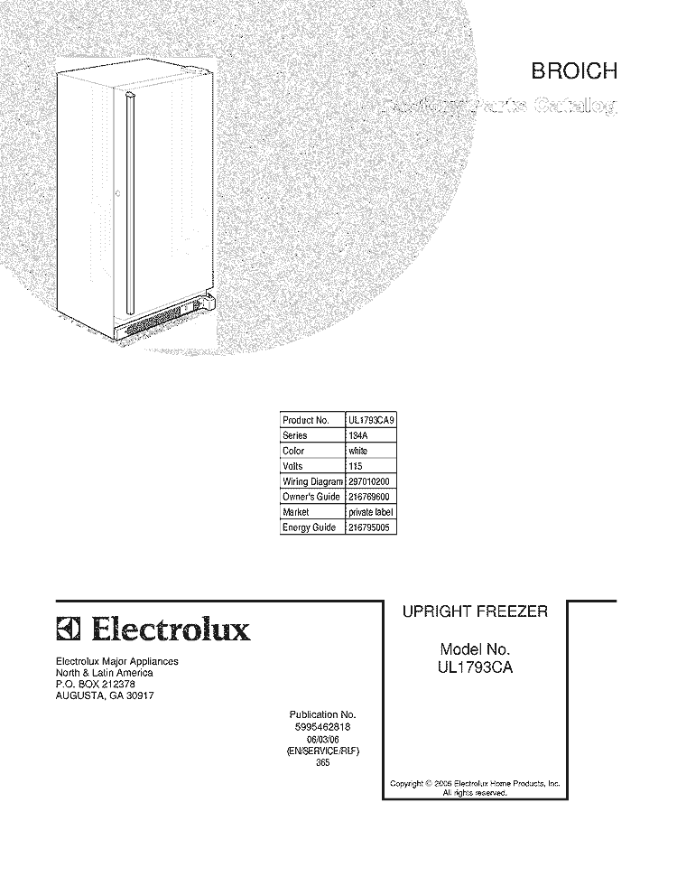 COVER Diagram and Parts List for UL1793CA9  Frigidaire Freezer
