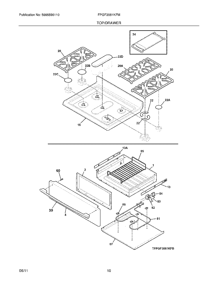 TOP/DRAWER Diagram and Parts List for FPGF3081KFM  Frigidaire Range