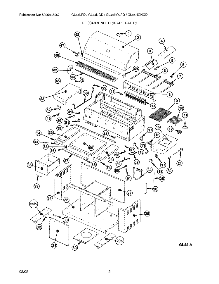 RECOMMENDED SPARE PARTS Diagram and Parts List for GL44HONGDC  Frigidaire Grill