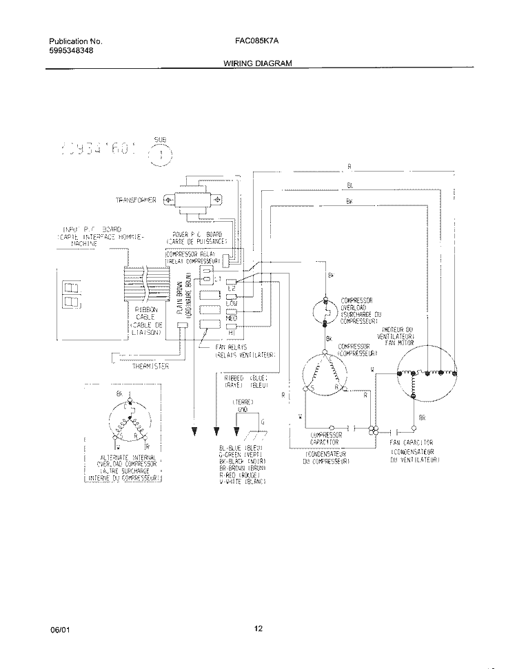 WIRING DIAGRAM Diagram and Parts List for FAC085K7A1  Frigidaire Air Conditioner