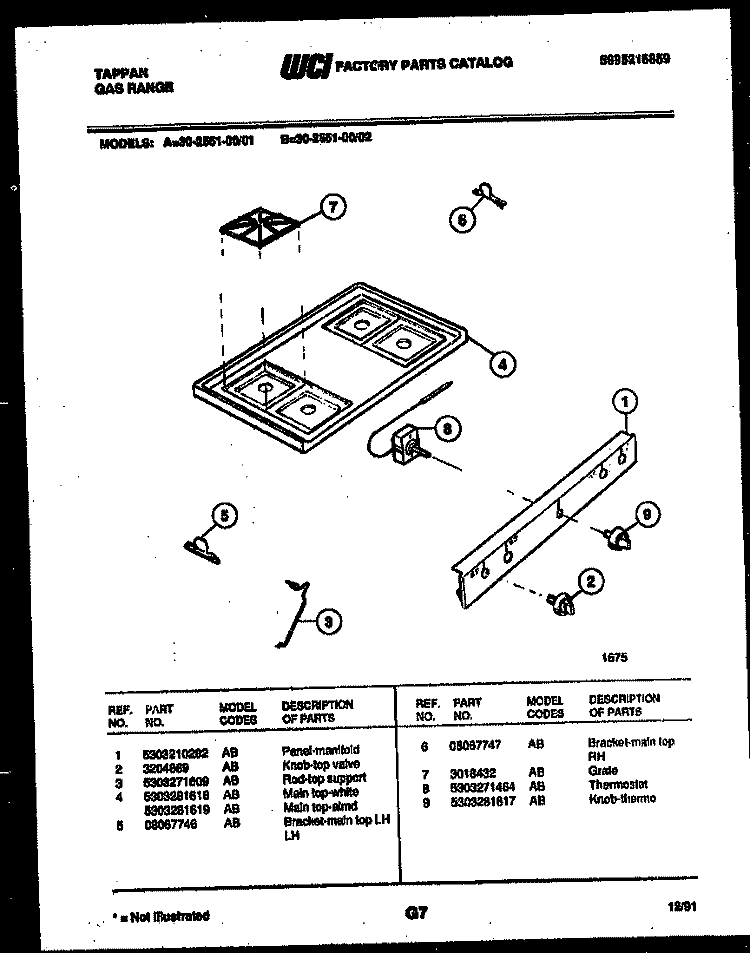 COOKTOP PARTS Diagram and Parts List for 30-2551-23-01  Tappan Range