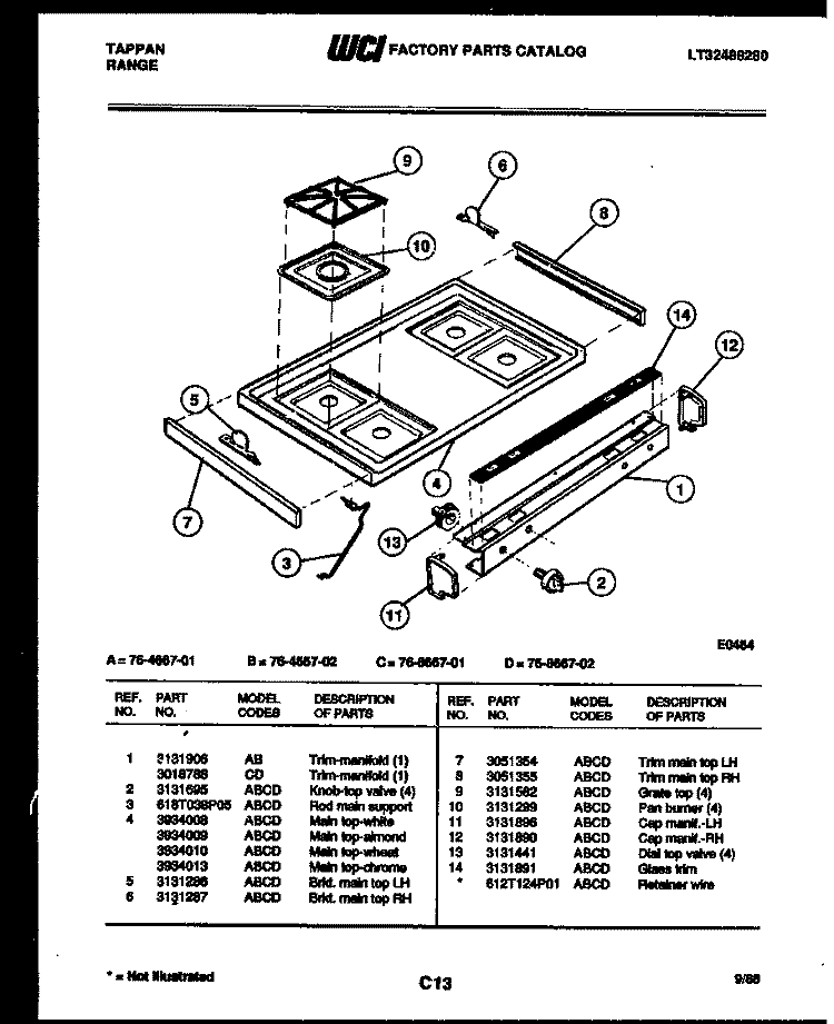 COOKTOP PARTS Diagram and Parts List for 76-4667-00-02  Tappan Microwave Oven Combo