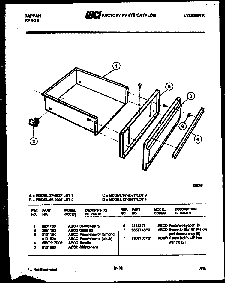 DRAWER PARTS Diagram and Parts List for 37-2637-00-03  Tappan Range