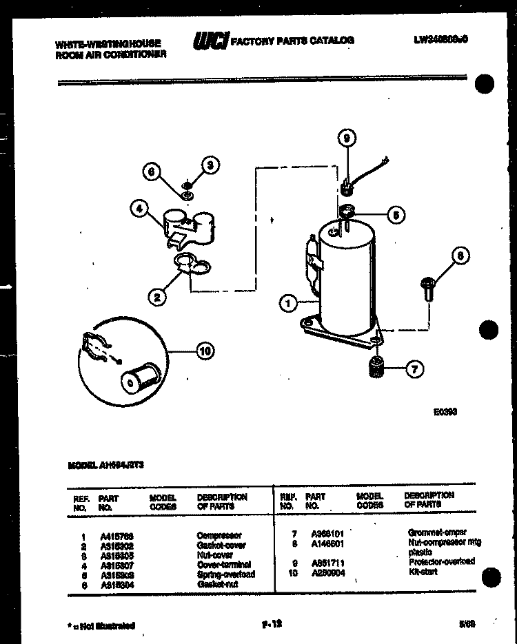 COMPRESSOR PARTS Diagram and Parts List for AH094J2T3  Frigidaire Air Conditioner