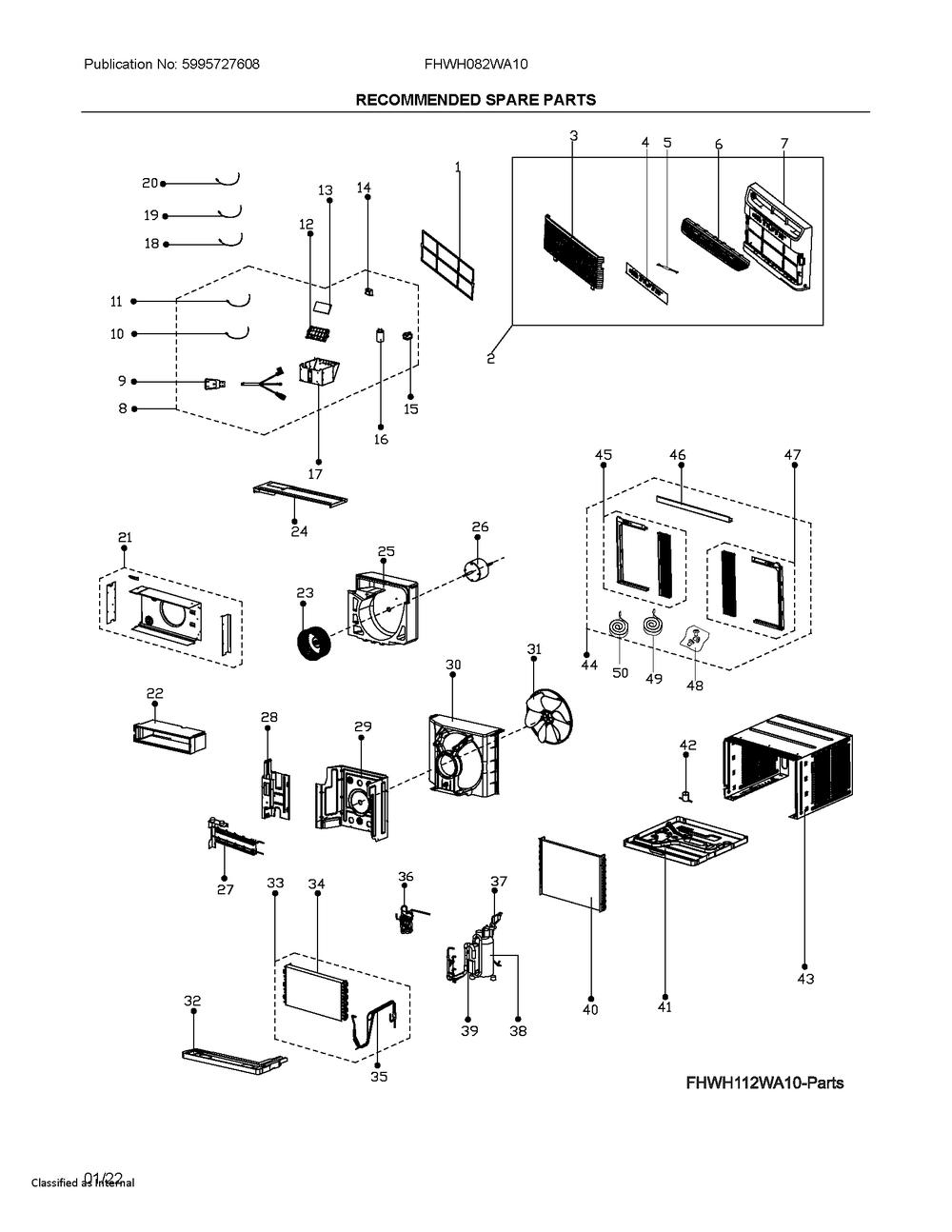 Spares Diagram and Parts List for FHWH082WA10  Electrolux Air Conditioner