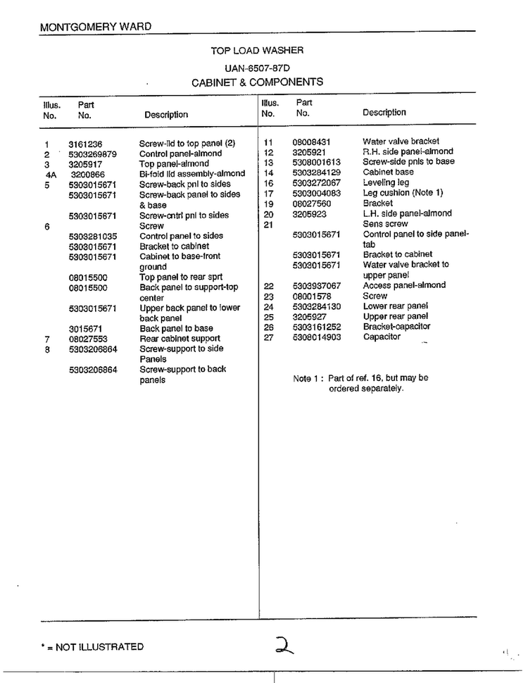 Cabinet And Components Page 2 Diagram and Parts List for 6507-87D  Frigidaire Washer