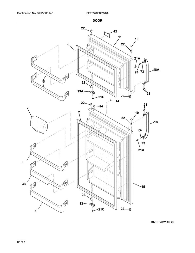 Door Diagram and Parts List for FFTR2021QW8A  Frigidaire Refrigerator