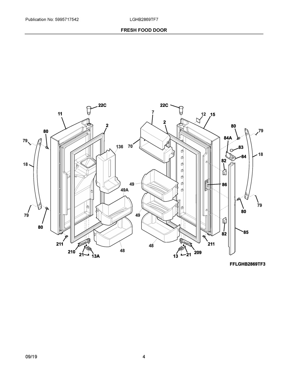 Fresh Food Door Diagram and Parts List for LGHB2869TF7  Frigidaire Refrigerator