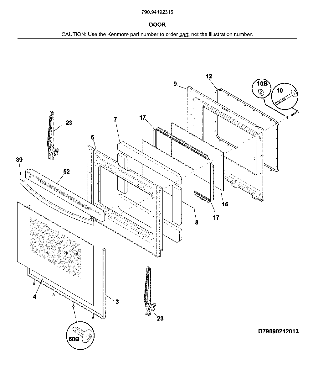 Door Diagram and Parts List for 79094192316  Kenmore Range