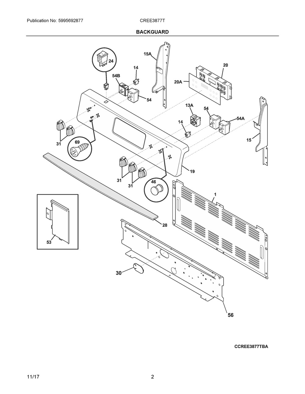 Backguard Diagram and Parts List for CREE3877TDA  Frigidaire Range