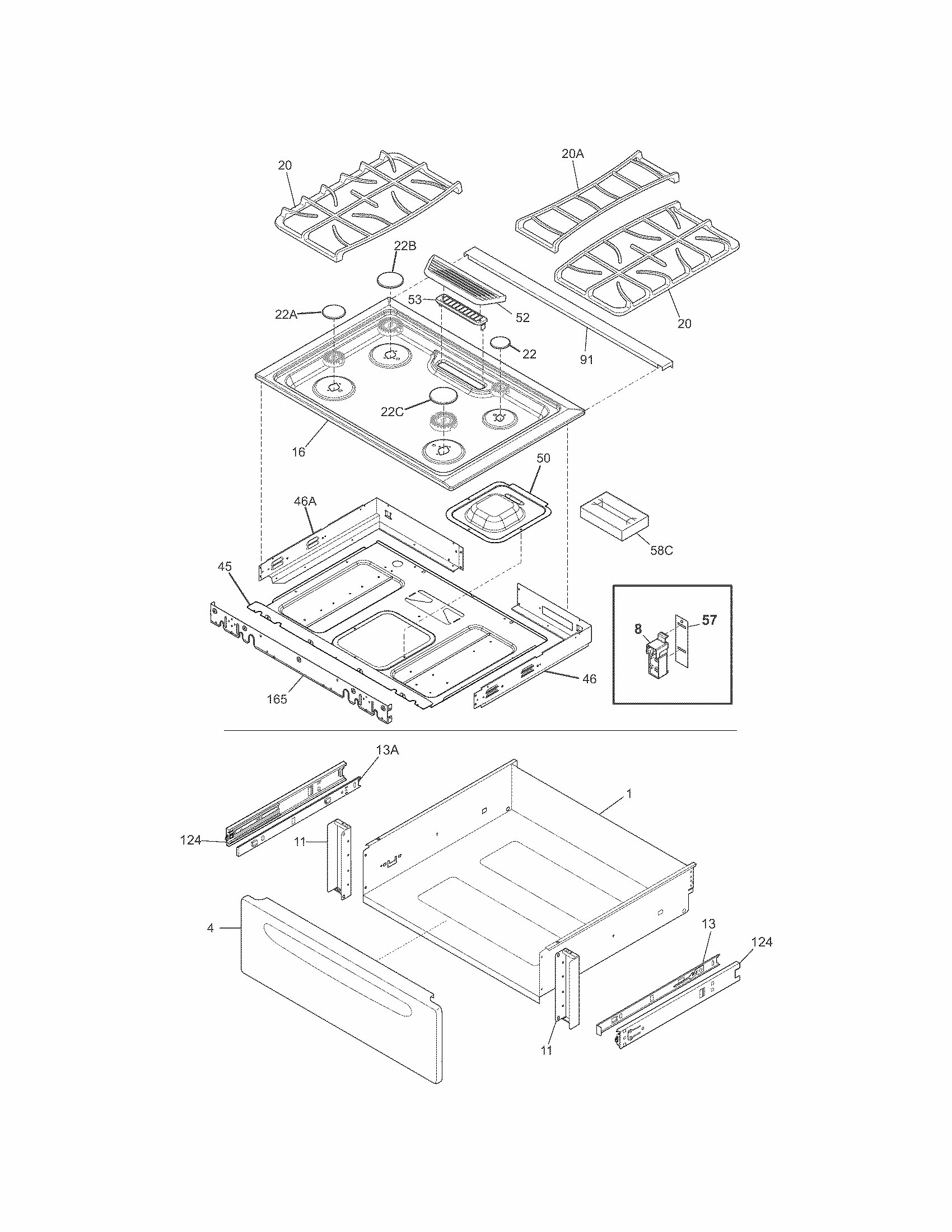Top/drawer Diagram and Parts List for 79036909905  Kenmore Range