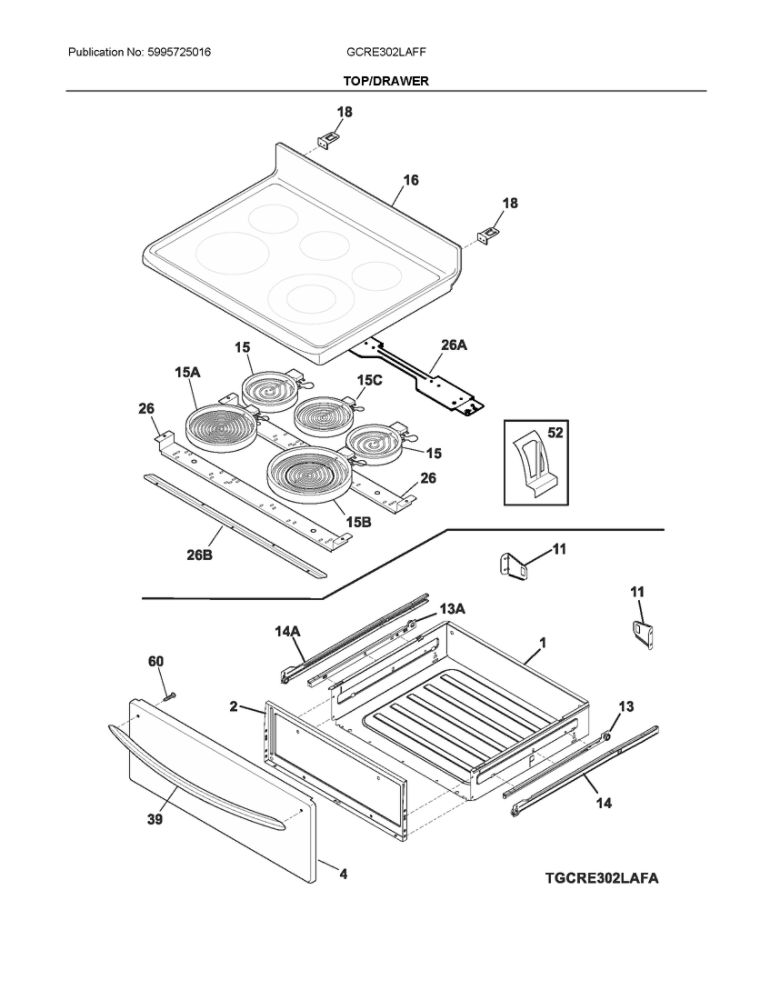 Top/Drawer Diagram and Parts List for GCRE302LAFF  Frigidaire Range