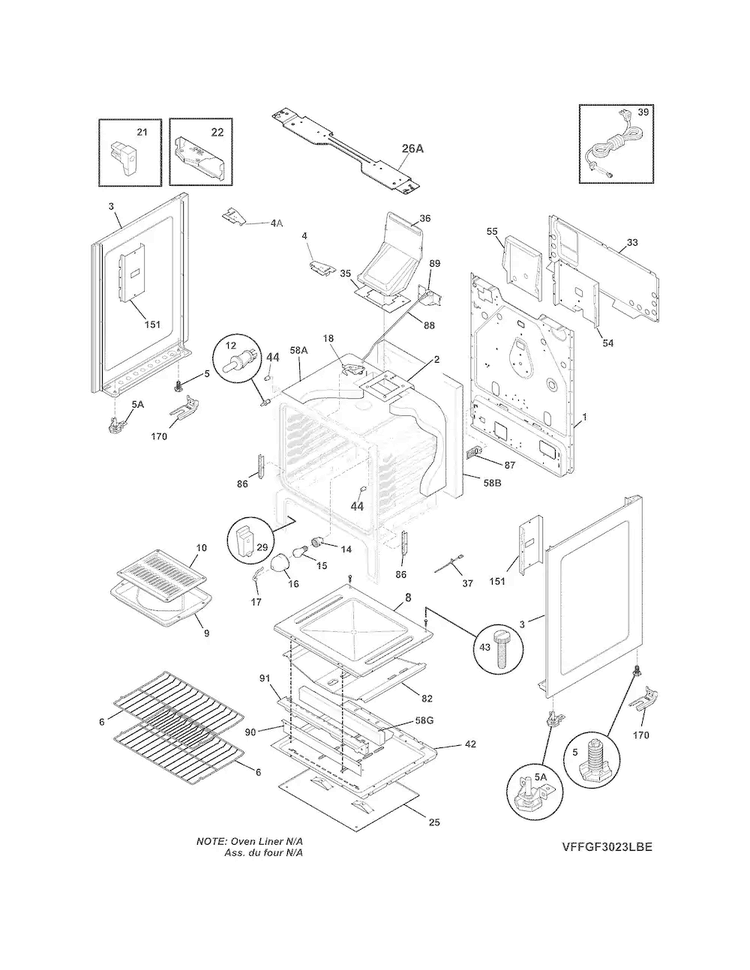 Body Diagram and Parts List for FFGF3023LWE  Frigidaire Range