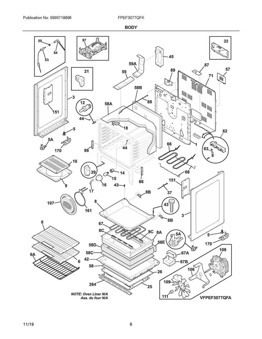 Body Diagram and Parts List for FPEF3077QFK  Frigidaire Range
