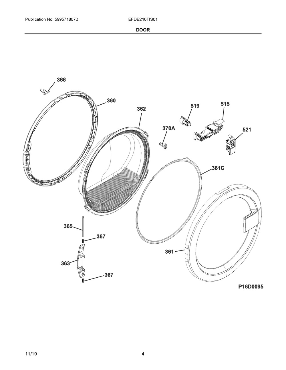 Door Diagram and Parts List for EFDE210TIS01  Frigidaire Dryer