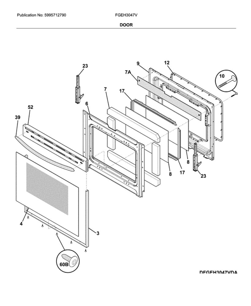 Door Diagram and Parts List for FGEH3047VFA  Frigidaire Range