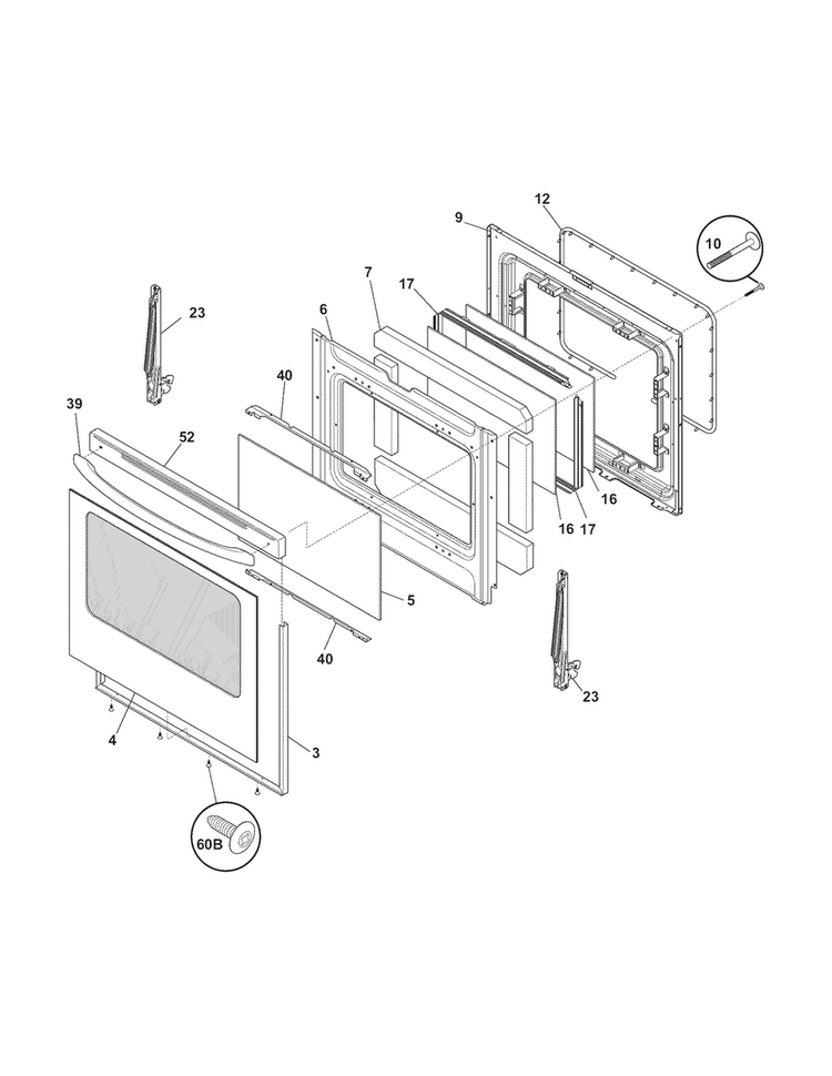 Door Diagram and Parts List for FFGF3023LSD  Frigidaire Range