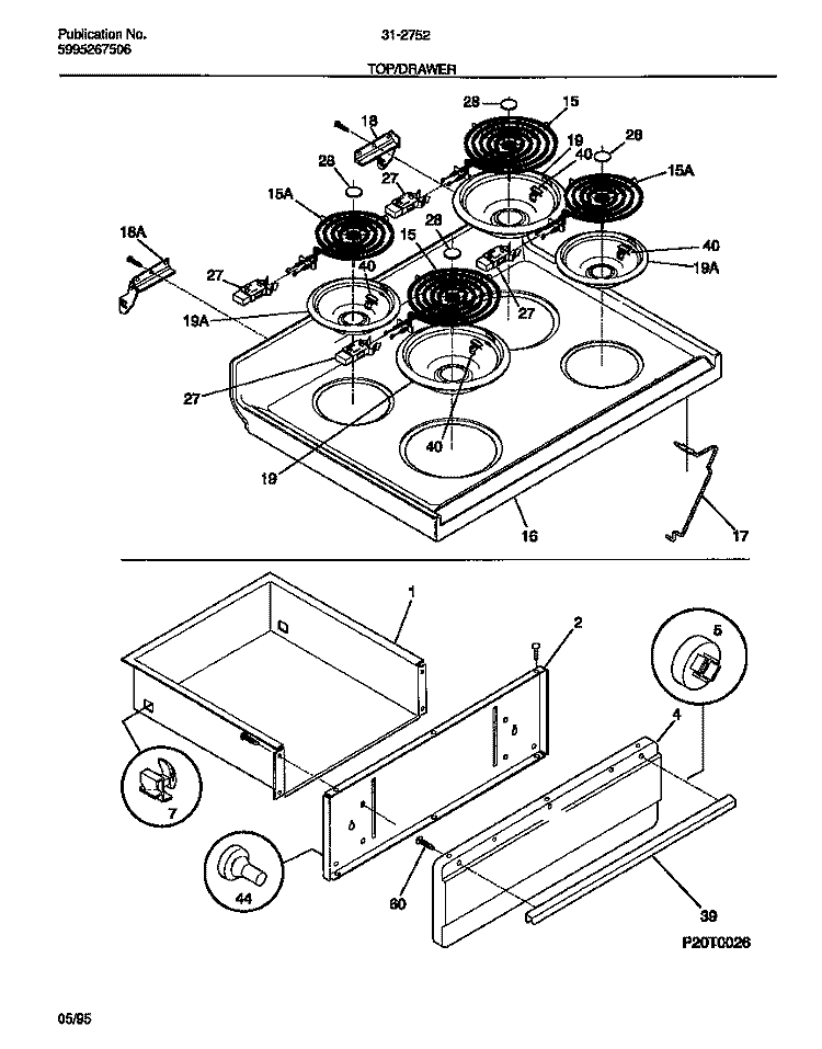 TOP / DRAWER Diagram and Parts List for 31-2752-00-03  Tappan Range
