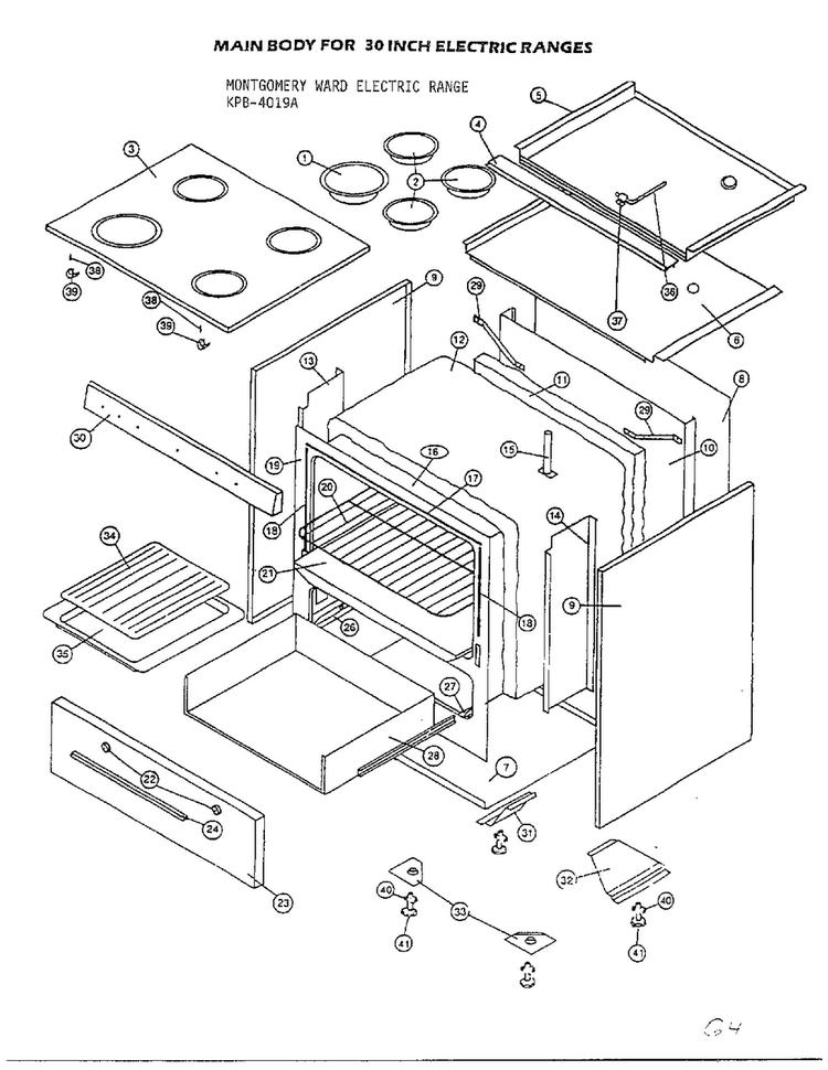Main Body For 30 Inch Electric Ranges Diagram and Parts List for 2530E  Frigidaire Range
