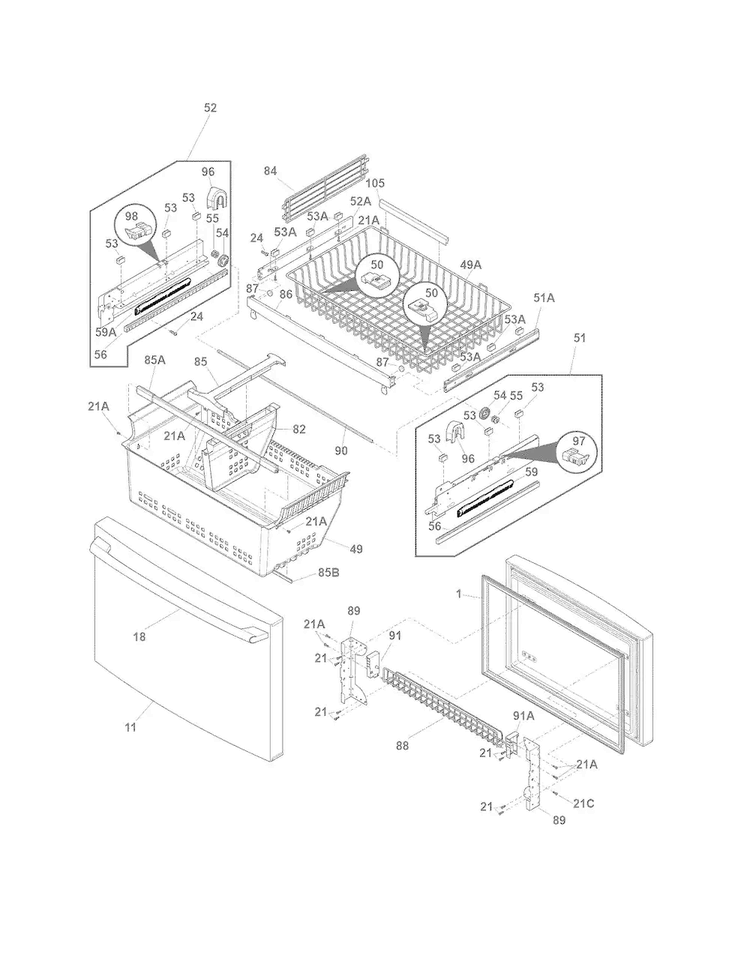 Freezer Drawer, Baskets Diagram and Parts List for EI28BS65KS3  Electrolux Refrigerator