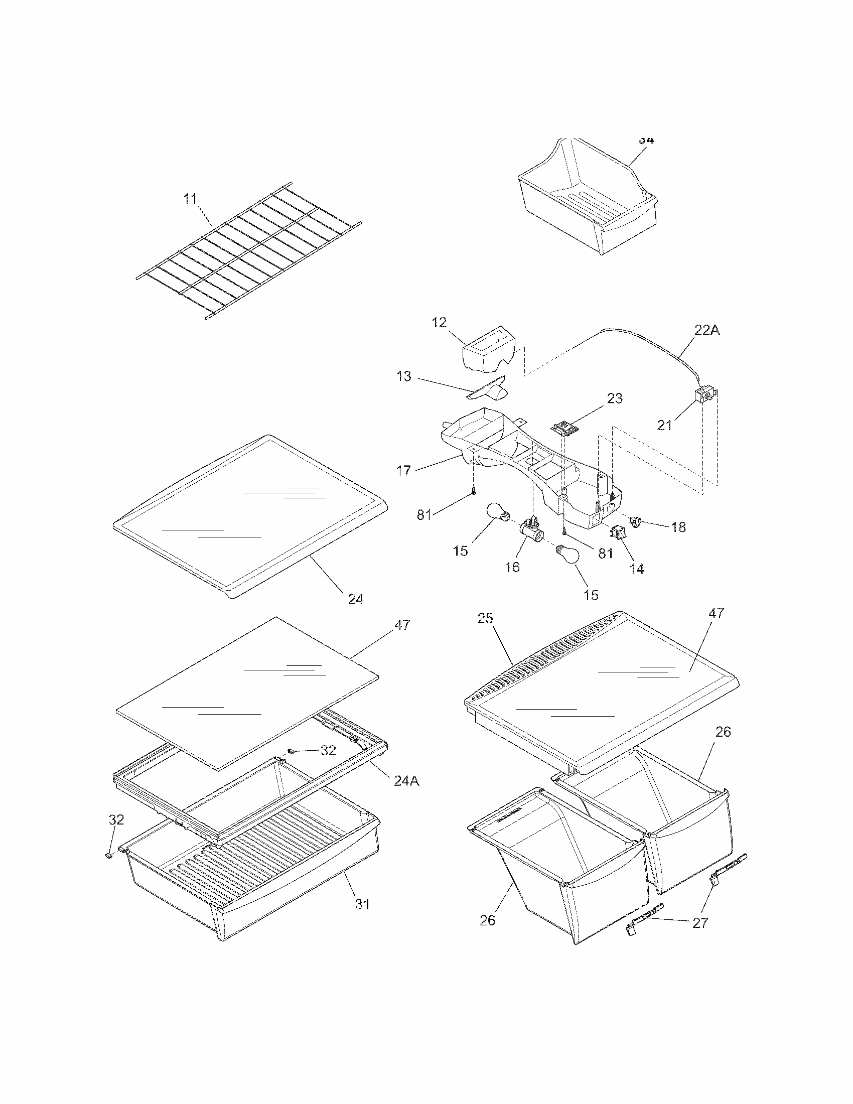 Shelves Diagram and Parts List for 25378823012  Kenmore Refrigerator