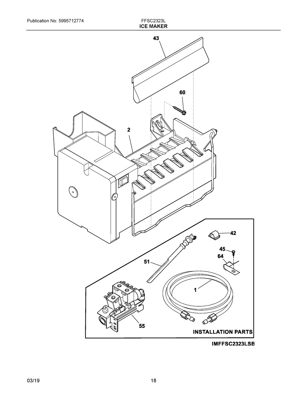 Ice Maker Diagram and Parts List for FFSC2323LECA  Frigidaire Refrigerator