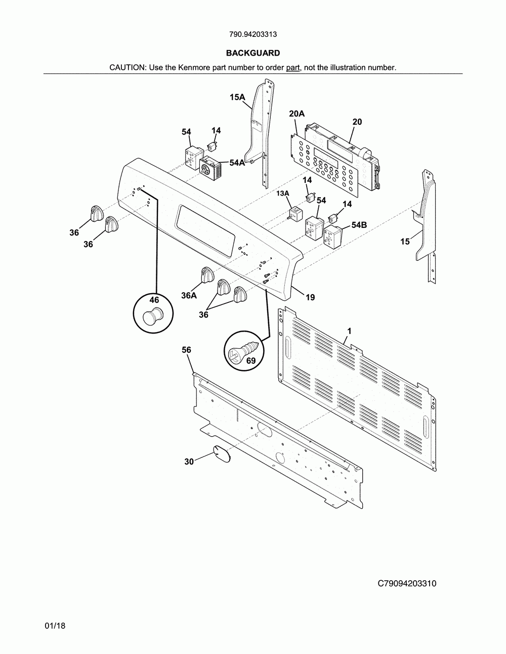 Backguard Diagram and Parts List for 79094203313  Kenmore Range