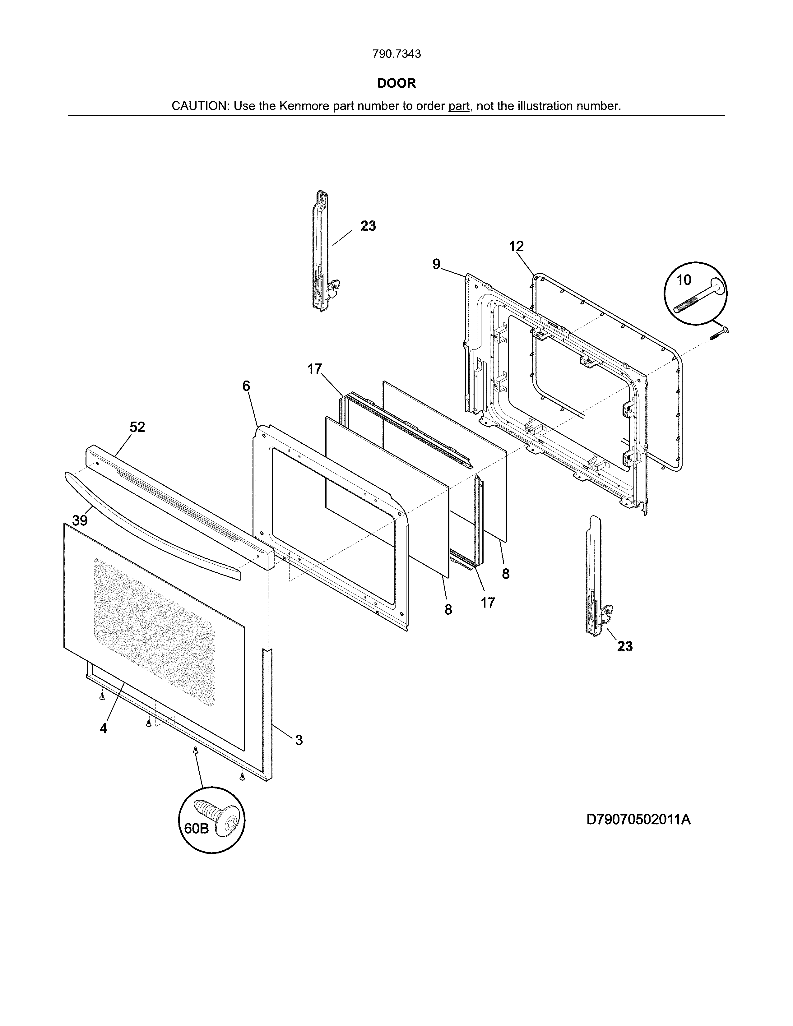 Door Diagram and Parts List for 79073432313  Kenmore Range