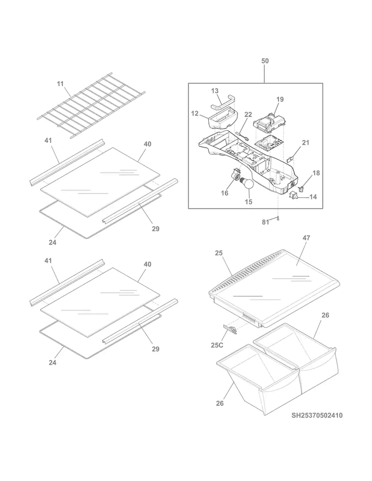 Shelves Diagram and Parts List for FFTR18G2QW3  Frigidaire Refrigerator