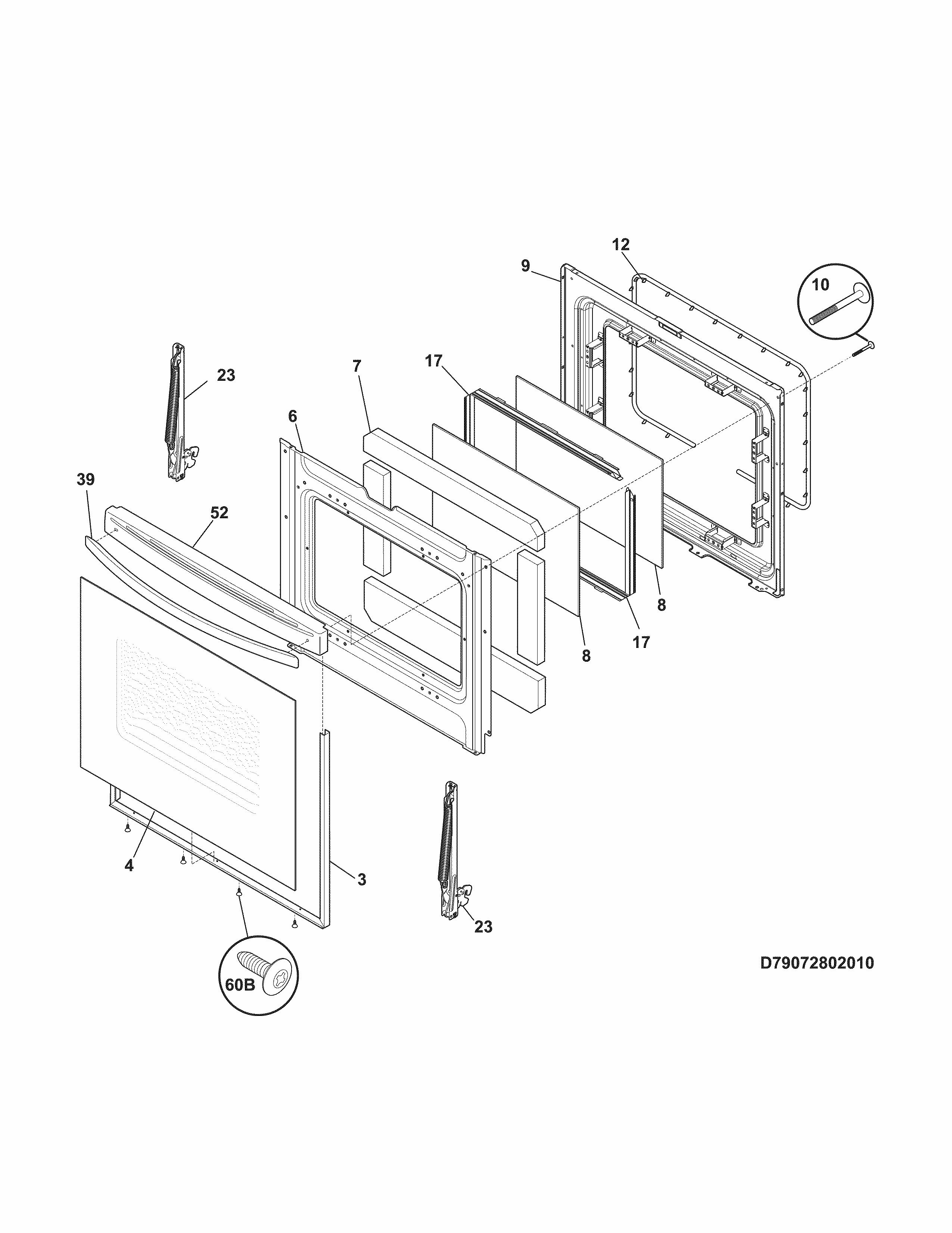 Door Diagram and Parts List for 79072409010  Kenmore Range