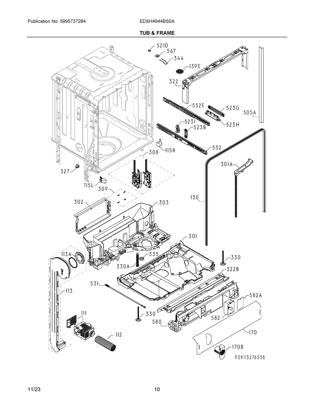 Tub And Frame Diagram and Parts List for EDSH4944BS0A  Frigidaire Dishwasher