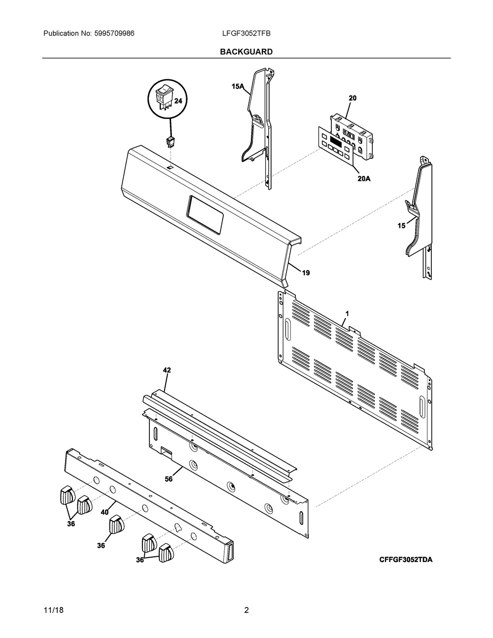 Backguard Diagram and Parts List for LFGF3052TFB  Frigidaire Range