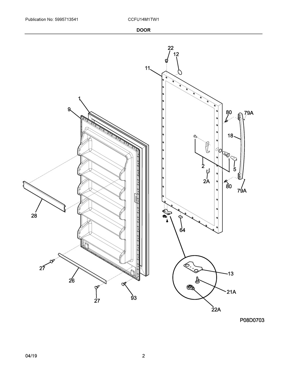 Door Diagram and Parts List for CCFU14M1TW1  Frigidaire Freezer