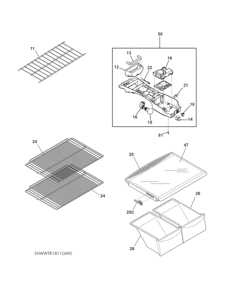 Shelves Diagram and Parts List for WWTR1811QW0  Westinghouse Refrigerator