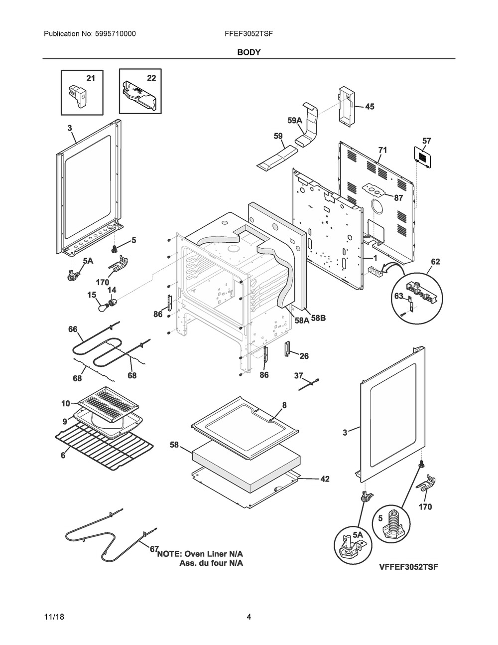 Body Diagram and Parts List for FFEF3052TSF  Frigidaire Range