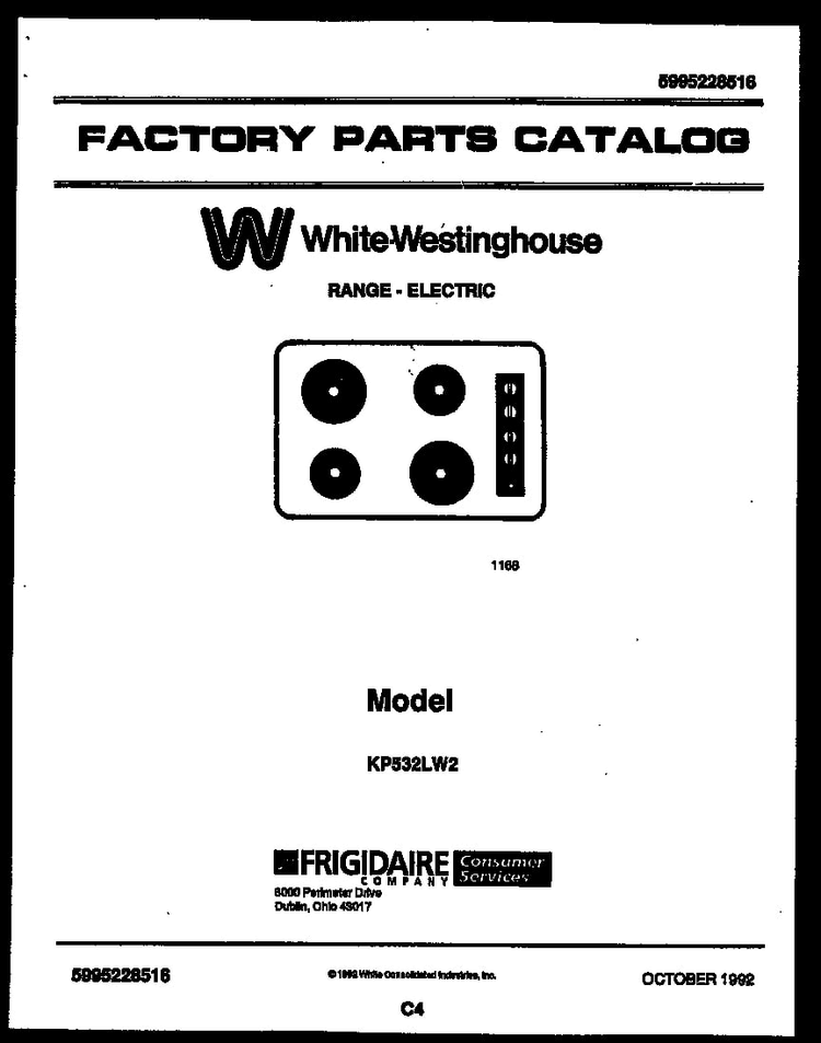 Cover Diagram and Parts List for KP532LW2 LUSTERLOY Westinghouse Range