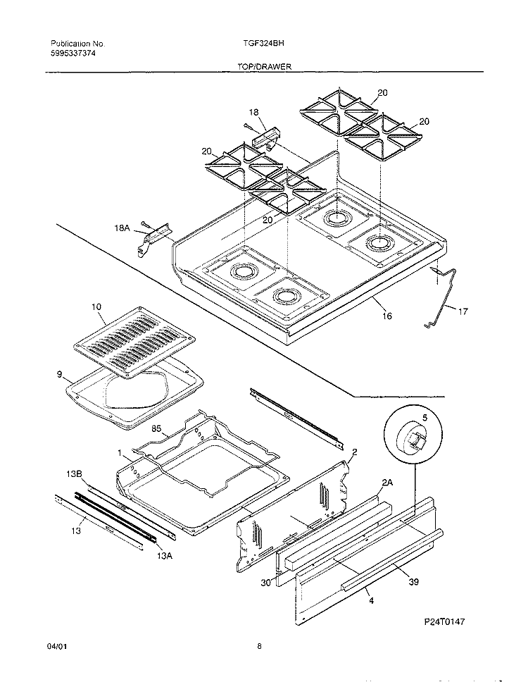 TOP / DRAWER Diagram and Parts List for TGF324BHWA  Tappan Range