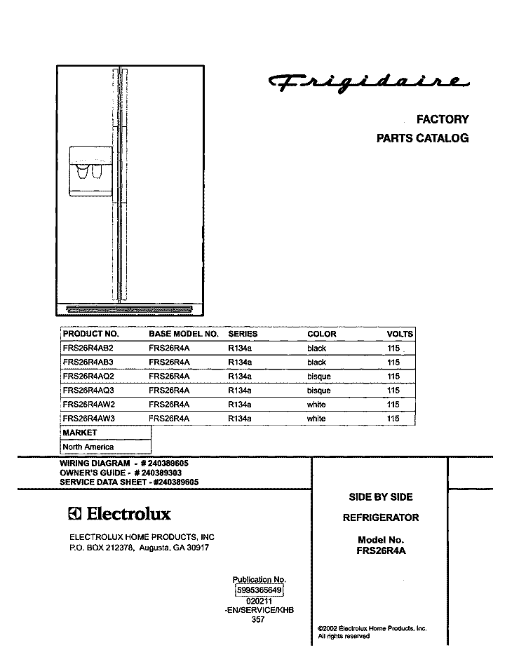 COVER Diagram and Parts List for FRS26R4AQ3  Frigidaire Refrigerator