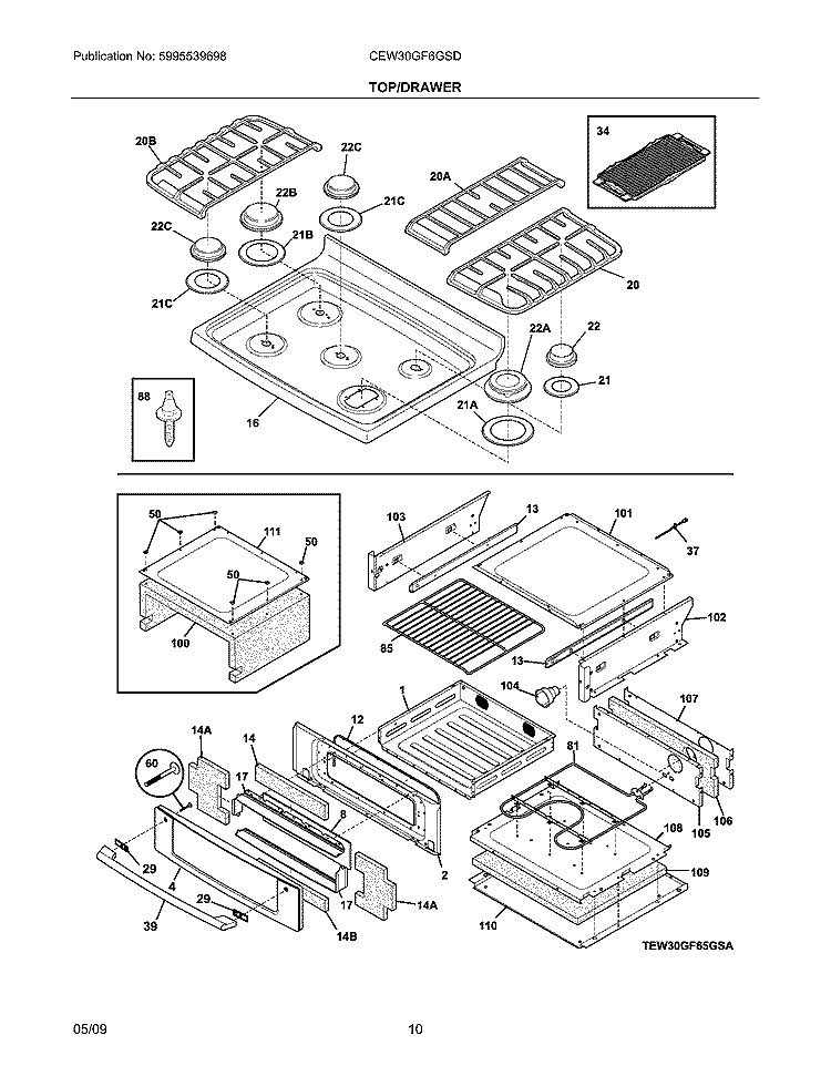 TOP/DRAWER Diagram and Parts List for CEW30GF6GSD  Electrolux Range