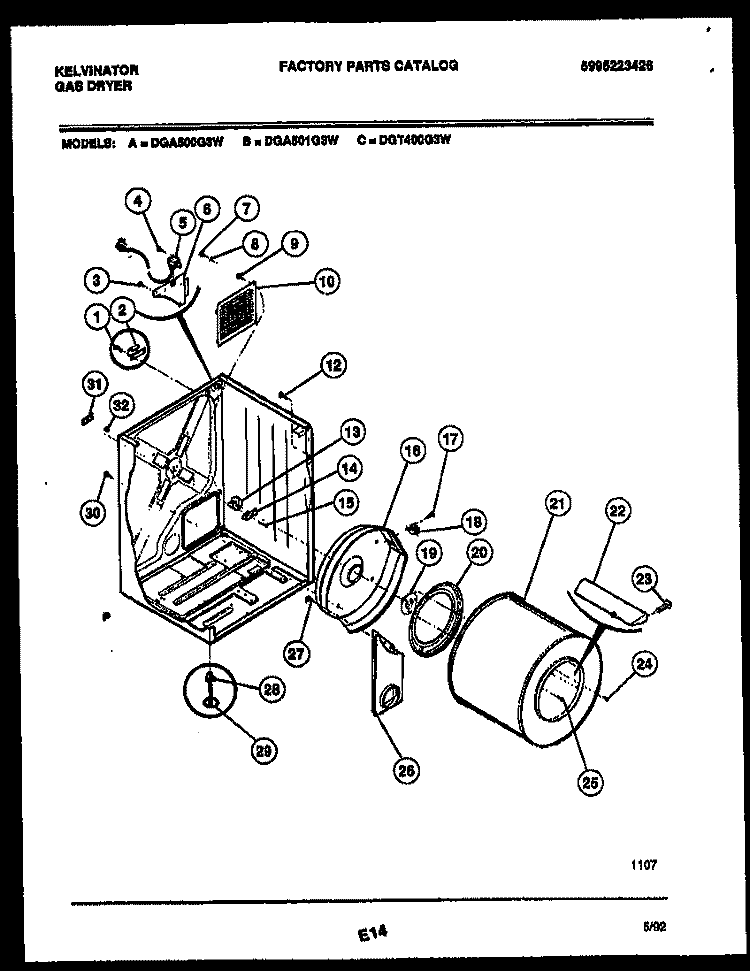 CABINET AND COMPONENT PARTS Diagram and Parts List for DGA500G3D  Kelvinator Dryer