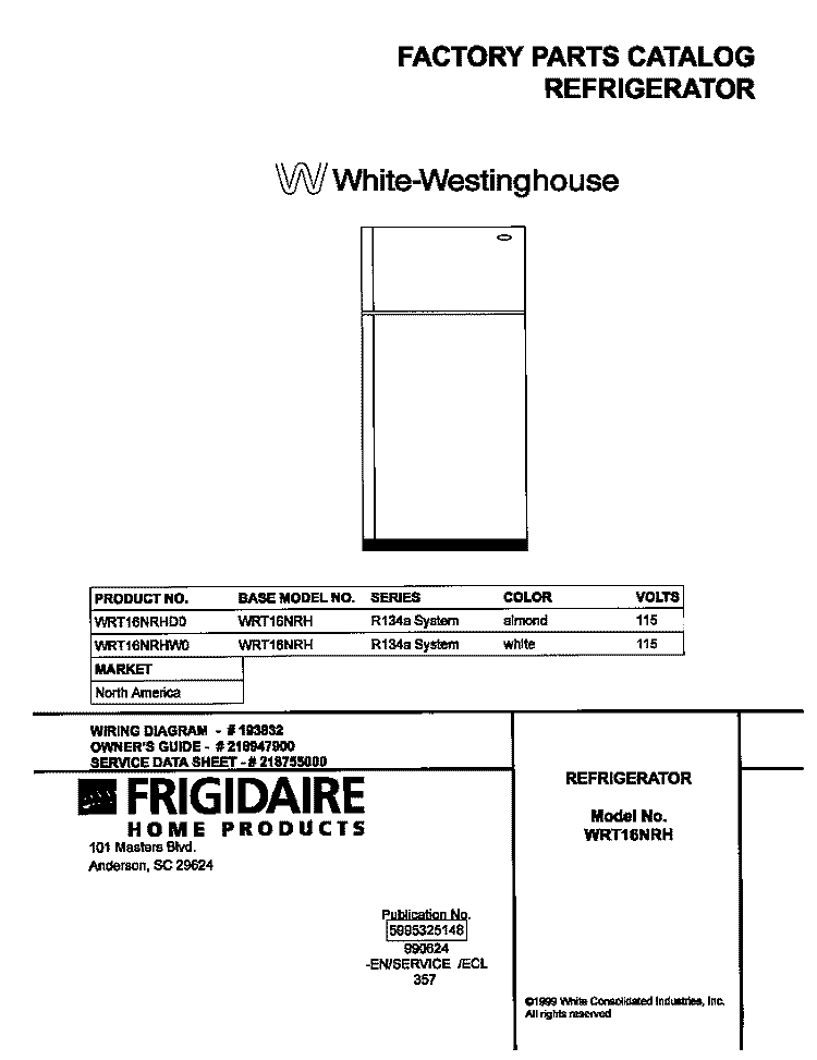 COVER Diagram and Parts List for WRT16NRHW0  Frigidaire Refrigerator