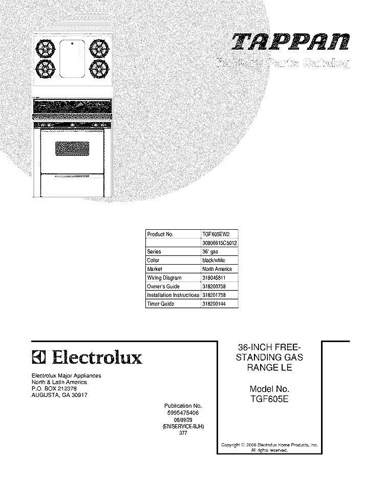 COVER Diagram and Parts List for TGF605EW2  Tappan Wall Oven