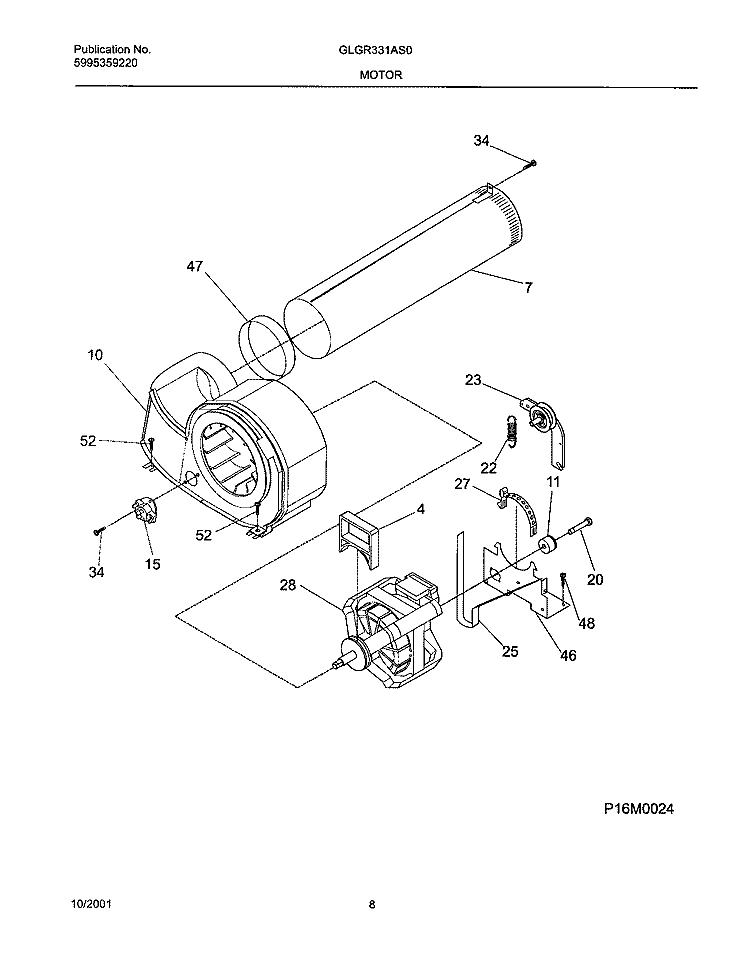 MOTOR, BLOWER Diagram and Parts List for GLGR331AS0  Frigidaire Dryer