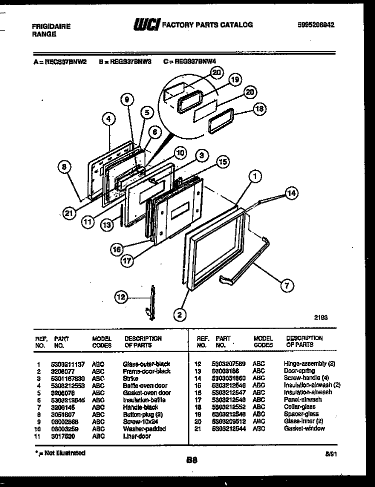 DOOR PARTS Diagram and Parts List for REGS37BNW2  Frigidaire Range